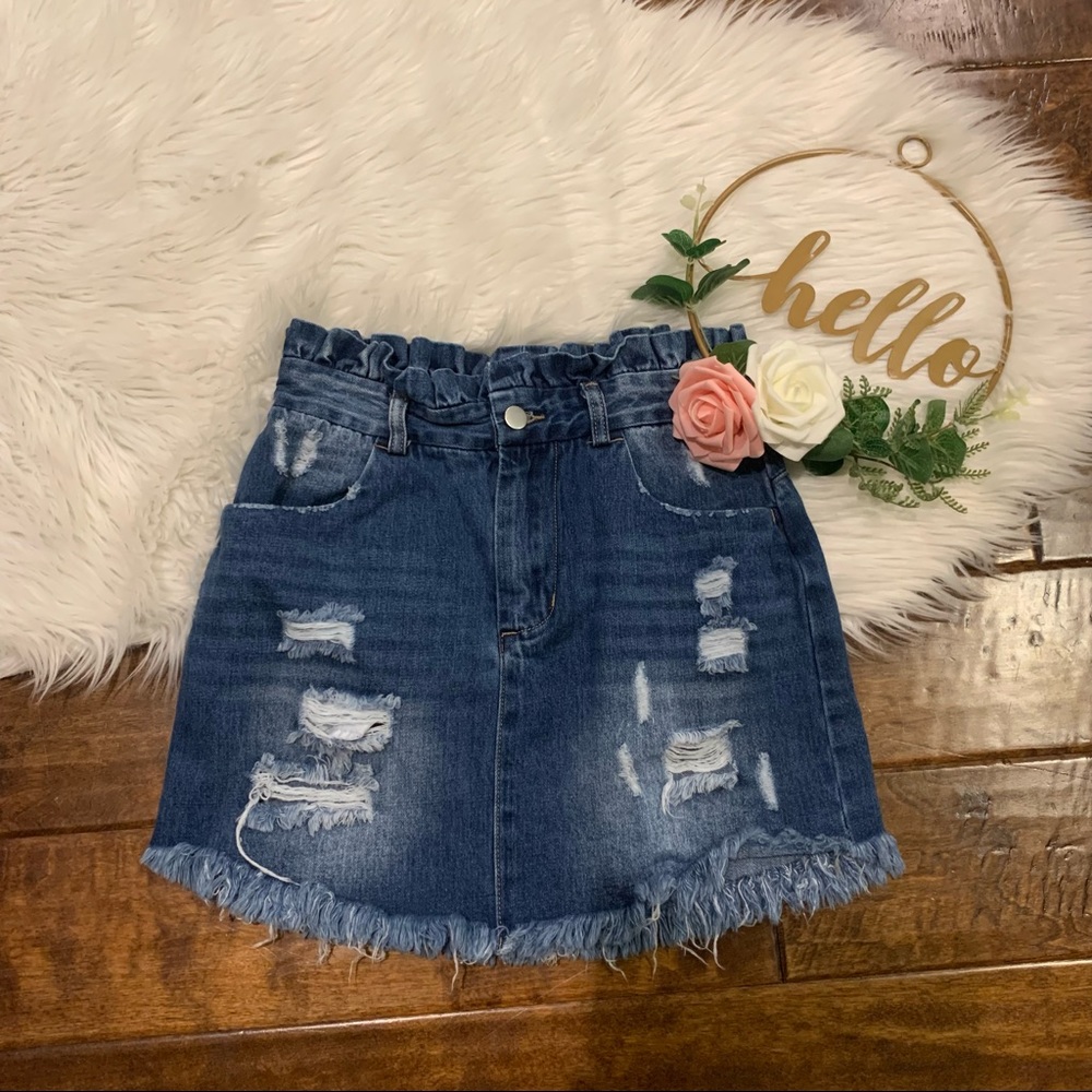 Hayden Denim Skirt Paperbag Waist Distressed Raw Hem Size Small